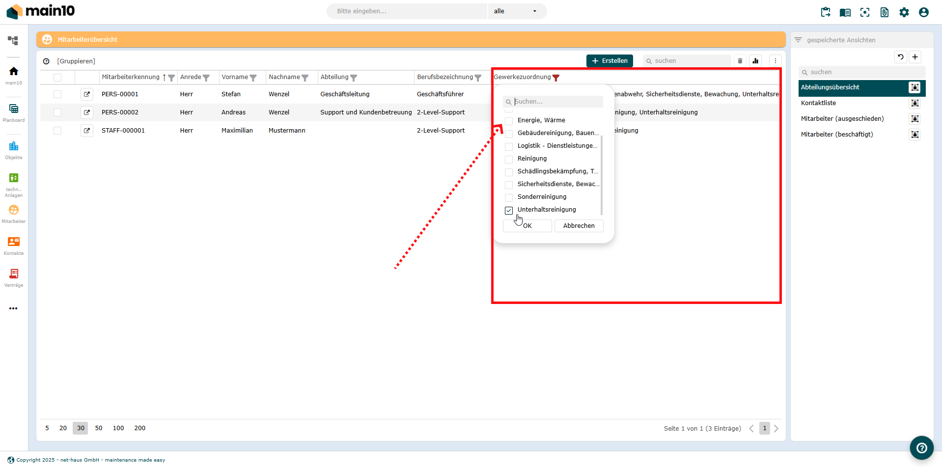 Gewerk als Filterkriterium